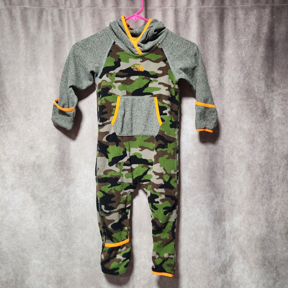 The North Face Kids Camo Fleece Hooded Bunting One Piece Romper Green Orange